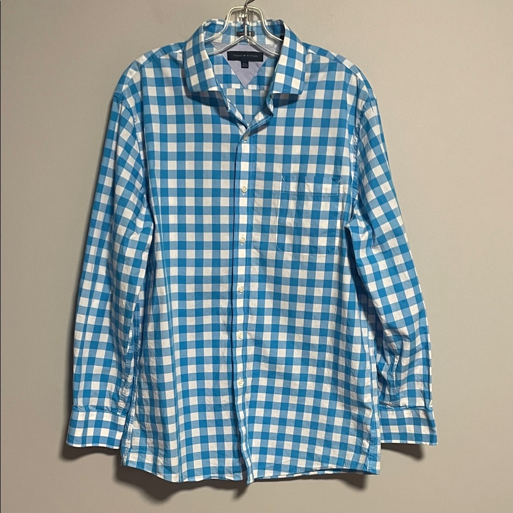 Tommy Hilfiger Blue and White Checkered Button Down Shirt Size 16 1/2 Neck